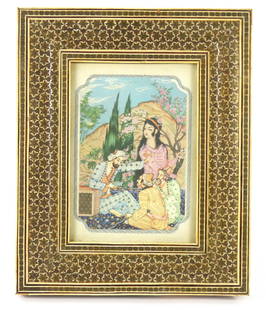 Indian Print w/ Geometric Inlay Frame: India, 20th Century, Print on paper. Depicts three men seated in a circle while a woman in pink picks flowers from a tree. The image is housed in an ornate geometric inlay frame. Sight 6" x 4",