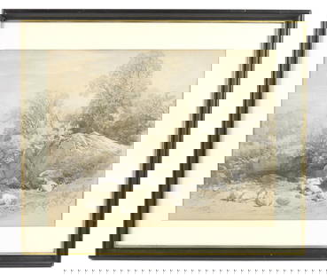 James Duffield Harding Sheep Herd Illustration: England, 1798-1863, Pencil on paper. Landscape depiction of a herd of sheep grazing by a large boulder surrounded by trees. Sight 10 1/2" x 13 1/2", Frame 15" x 18"