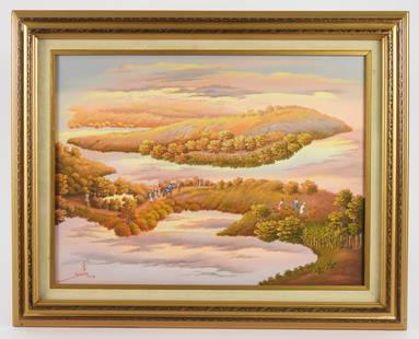 Jean Louis Senatus Haitian Landscape Painting: Haiti, b.1949, Oil on Canvas. Neo-primitive landscape depicting figures crossing a foliage filled path framed by reflective bodies of water creating a dream-like atmosphere. Canvas 12" x 16", Frame