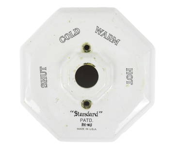 Vintage Porcelain Shower Tap Escutcheon: United States, Early 20th Century, Porcelain. Octagonal white porcelain escutcheon with black lettering signaling "Shut," "Cold," "Warm," and "Hot" positions. Approx. 1 3/4" x 6 5/8" dia.