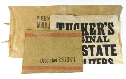 3PC 19C Textile Advertising Banners & Sack: United States, 19th Century, Textile. Includes a Tucker's Original Bay State Fertilizers advertising banner, a textile marked "December 25, 1854," and a Valentine Mathes sack dated 1895. Smallest