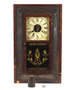 19C Cased Mantel Clock: 19th Century, Wood, glass, metal. Rectangular cased clock with white painted face and black Roman numeral numbering over a black and gilt botanical reverse painted glass panel. Approx. 26" t x 16"