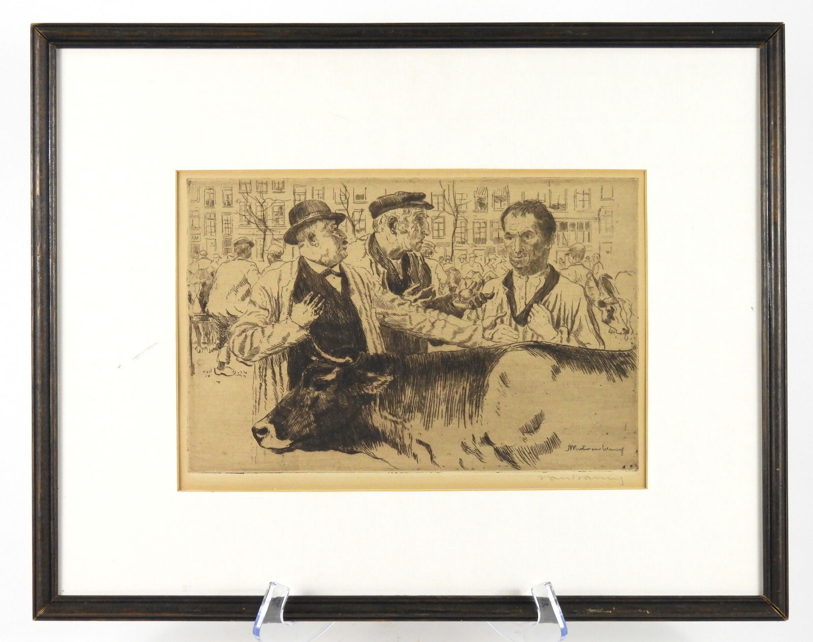 Martin van Waning Street Market Etching: Netherlands, 1889-1972, Etching on paper. Depicts three men in a crowded street market in deep conversation over a cow. Image 7" x 10 3/4", Frame 14" x 17 1/2"