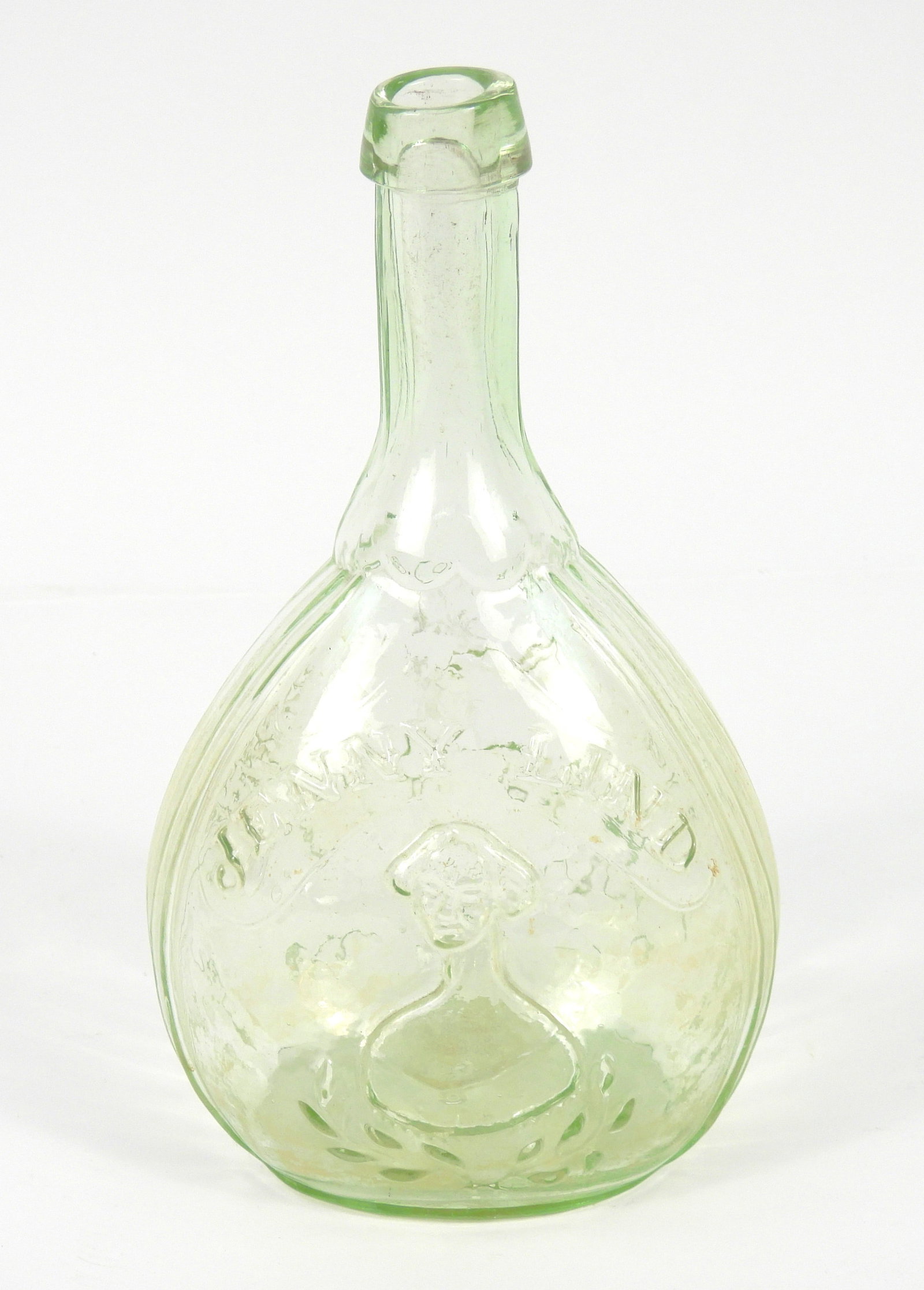 Clevenger Jenny Lind Calabash Bottle: United States, 20th Century, Glass. Nice light yellow aqua color Fislerville Glass Works with pontil scar. 9 1/4" t x 5" w x 4" d
