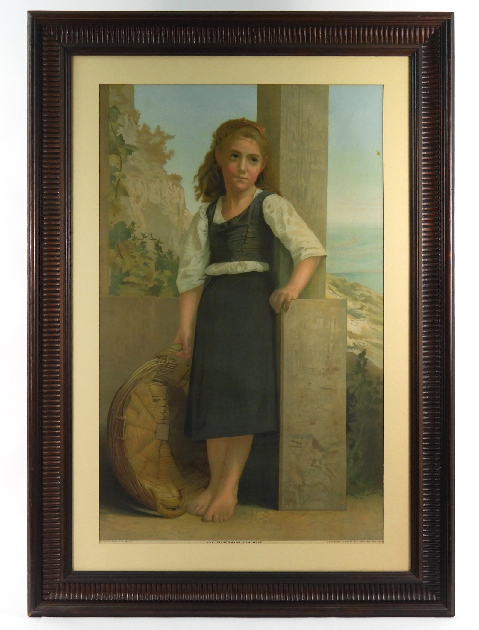 1883 P.O. Vickery Fishermans Daughter Print: Maine, 1883, Print on paper. Depicts a young blonde girl holding an empty basket glancing off to the side. Image 31 1/2" x 19 1/2", Frame 41 1/2" x 29 1/4"