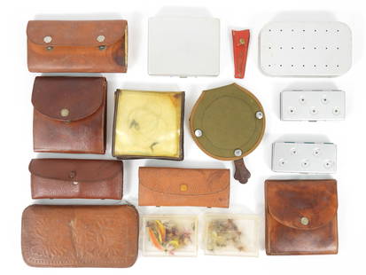 Collection of Vintage Fly Fishing Cases & Flies: 20th Century. Includes a tooled leather case, several other leather cases some with flys, aluminum cases, leads, and other vintage fly fishing items.