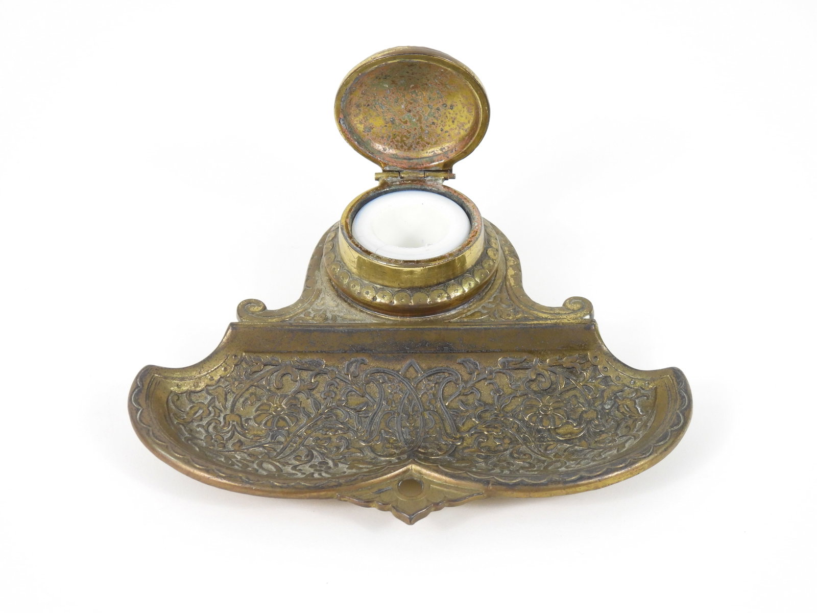 Jennings Brothers Bronze Botanical Inkwell: Connecticut, Late 19th-Early 20th Century, Bronze. Bronze inkwell with tray and pen holder decorated with an overall flower and tendril pattern. Approx. 3" t x 6 3/4" w x 5 1/4" d