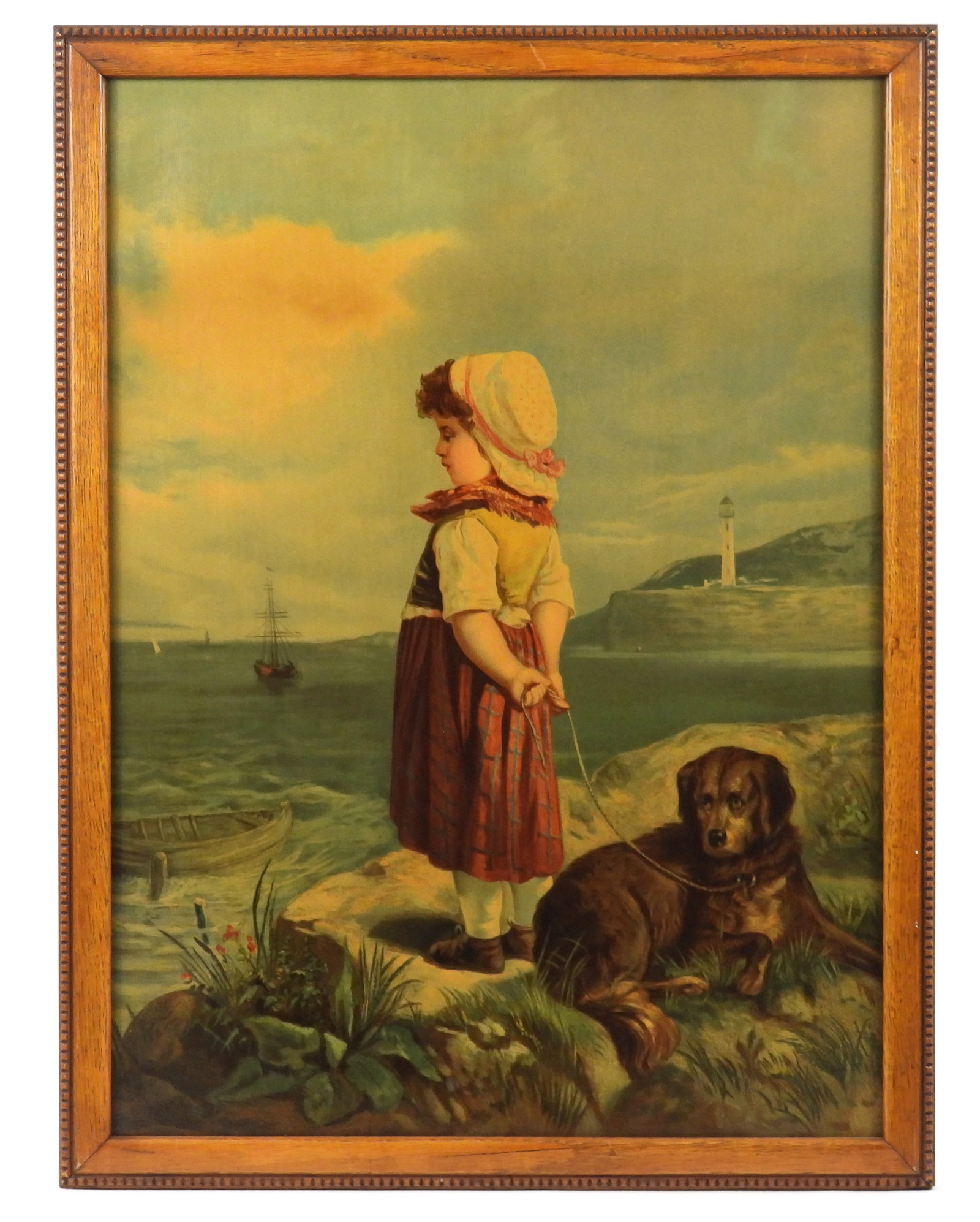 Vintage Girl & Dog Poster: United States, Early 20th Century, Lithograph on paper. Depicts a young girl in a plaid skirt with a brown dog looking out towards the ocean. Sight 19 3/4" x 14 1/4", Frame 21 3/4" x 16 1/4"