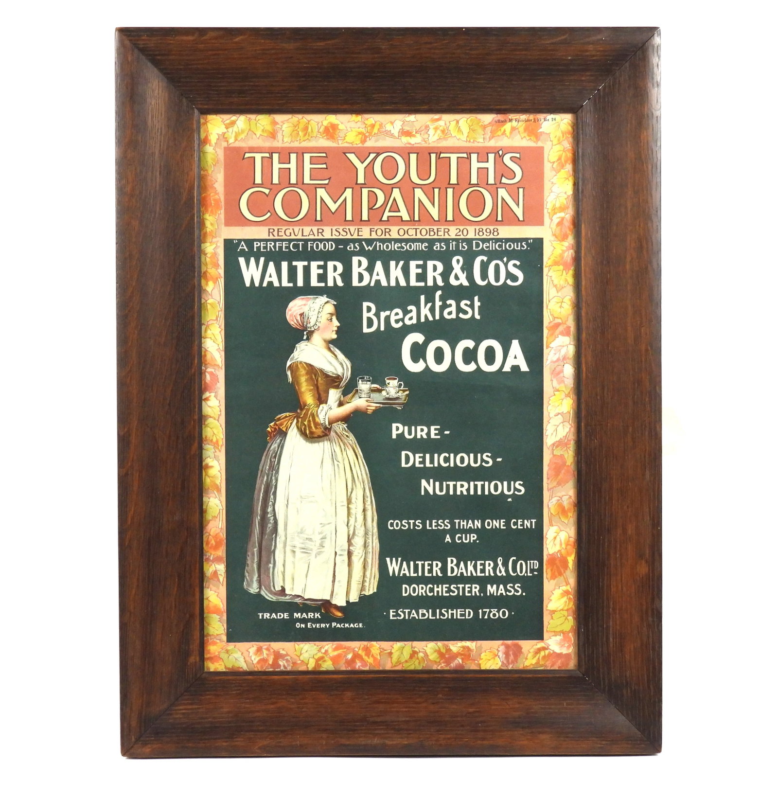 1898 Walter Baker Breakfast Cocoa Advertisement: United States, 1898, print on paper. Cover page for the "Youth's Companion" with an ad for Walter Baker & Co. breakfast cocoa issued October 20, 1898. Image 15 1/2" x 10 1/2", Frame 20 1/2" x 15 1/4"