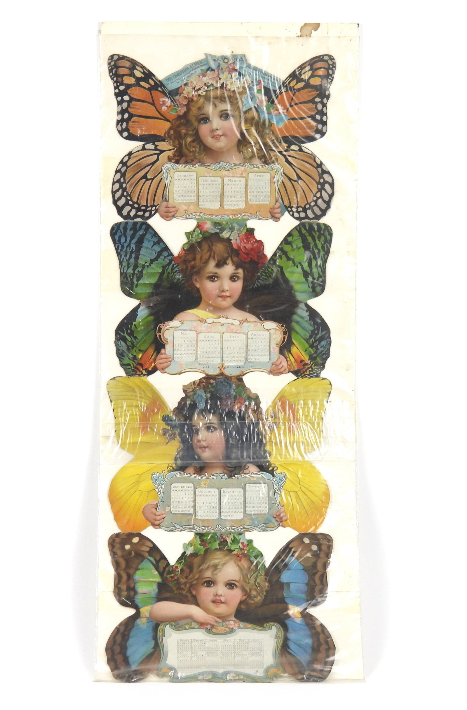 Forbes Boston 1904 Cut Lithograph Fairy Calendar: United States, 1904, Lithograph on cardstock. Complete calendar from 1904 printed by Forbes Boston for The Christian Herald depicting young girls dressed as fairies. Approx. 29 1/4" x 10 1/4"