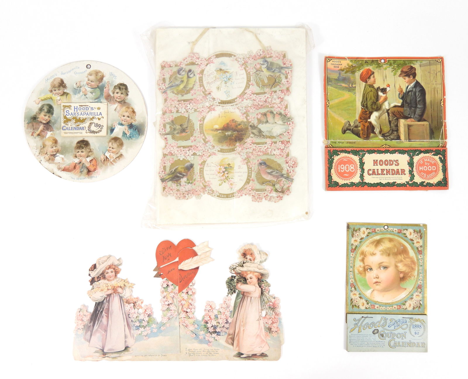 5PC Cut Lithograph & Calendar Coupons: United States, Late 19th-20th Century, Lithograph on paper. Includes an 1892, 1898, and 1908 Hood's Sarsaparilla coupon calendar, a reproduction turn of the century Valentine's card, and an embossed a