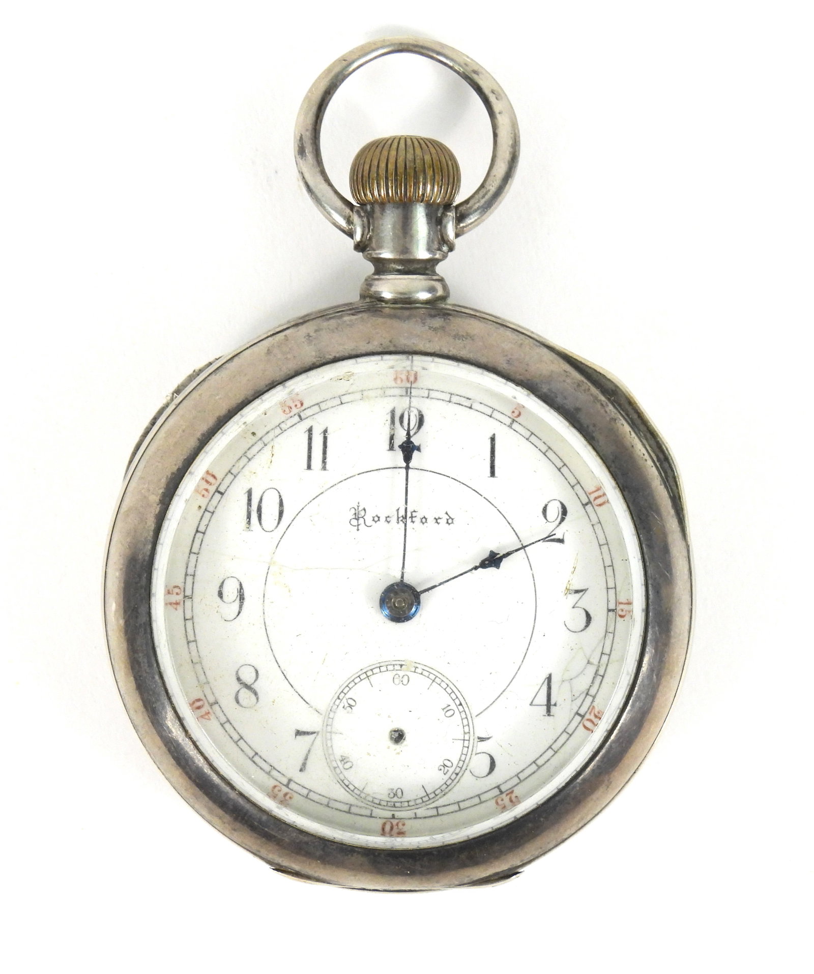 19C Rockford Coin Silver Pocket Watch: United States, 1888, Coin silver. This appears to be a model 7 from circa 1888 with glass crystal, 11 jewel watch that is 18s size. 2 1/8" dia.