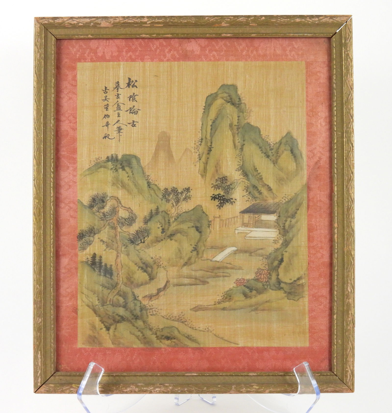 19C Chinese Mountain Landscape Painting: China, 19th Century, Paint on textile. Depicts a building nestled in a mountainous landscape with calligraphy to the upper left corner. Sight 10" x 8", Frame 13 1/4" x 11"