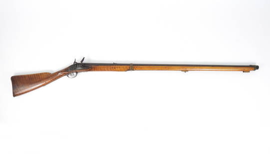 Early Flintlock Figured Maple Stock Hunting Musket: United States, Late 18th-Early 19th Century. Tiger maple full stock with brass furniture and three ram rod thimbles. Lock is 5" x 1" Ketland type and missing top jaw and screw. Possibly a re-conversio