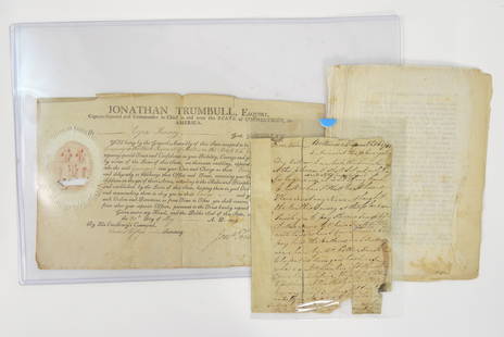 Collection of Connecticut Documents: United States, 1781-1807. Includes an 1807 dated Jonathan Trumbull signed commission for Ezra Kenney to be an ensign in the 8th company, 3rd Regiment of Connecticut militia; and a 1781 dated letter fr