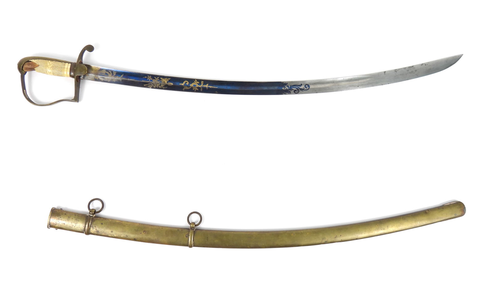 Federal Period P-Hilt Sword and Scabbard: Brass "P" shaped knuckle bow with checkered bone grip and a steel blade with fire blue and gilt patriotic motifs. The blade is housed in a brass scabbard. Blade 31" long, Overall 35 1/2" long