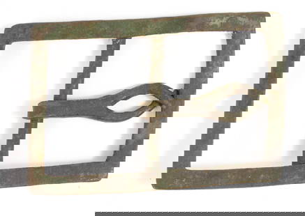 Confederate Forked Tongue Belt Buckle: United States. Dug brass Confederate "forked" or "wishbone" tongue-style buckle purportedly found in Virginia. Note: Purchased from Shiloh Relics on 12/25/2013. Overall 2 1/2" x 3 7/8"