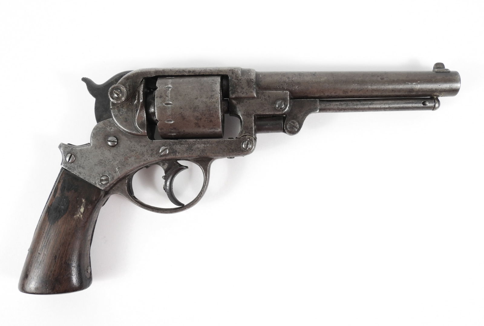 Starr Arms Army Revolver: United States .44 caliber, serial number 13657, walnut grip marked on the left side of the frame "STARR ARMS CO. NEW YORK", and marked on the right side of the frame "STARR'S PATENT JAN. 13. 1858". Ba
