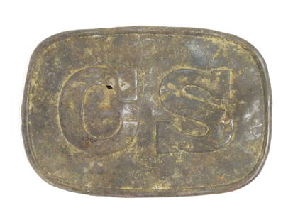 Dug "Sardine Can" CS Belt Plate: United States. Dug sheet brass "sardine can" belt buckle with a raised border and "CS" stamped on the face, three belt loops on the back are missing but it retains some of the original solder. Overall