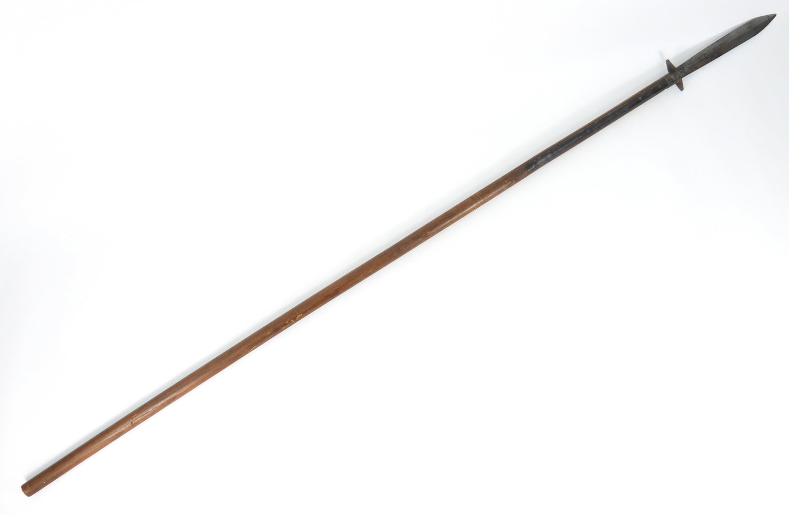 Civil War Confederate Georgia Pike: United States, Circa 1862. Iron double-edged blade with a makers stamp on one side of the ricasso, an iron guard, an iron ferrule around the attachment straps, and a wooden shaft. Blade 12 1/4", Overa