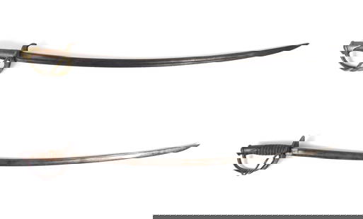 Two Cavalry Sabers: United States, Europe. A Model 1860 Light Cavalry saber with a brass hilt, imported steel blade; and a Model 1906 Light Cavalry saber with a steel hilt, wire-wrapped leather grip, marked "A.S. Co./190