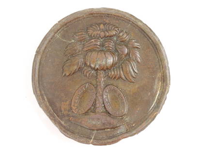 Dug South Carolina Round Palmetto Belt Plate: United States, Circa 1830. Lead-filled brass plate with South Carolina state seal, with three brass attachment hooks on the back. Note: This plate was purchased from Old South Military Antiques and co
