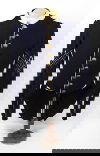 Ohio Militia Coatee: United States. Dark blue broadcloth body with white collar, epaulets, false cuff flaps, white piping, brass Ohio buttons, first sergeant stripes, a white cotton upper body lining, and twill woven brow