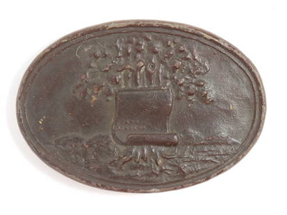 Dug Alabama Belt Plate: United States. Lead filled brass plate with the Alabama state seal on the face, back has brass studs and washers for attachment, and a brass tongue. Overall 2 5/16" x 3 7/16"
