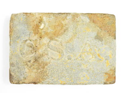 Confederate Noble Brothers Pewter CSA Belt Plate: United States. Dug rectangular pewter belt plate with raised "C.S.A." on the face, and three iron wire attachment hooks on the back. Overall 2" x 2 7/8"