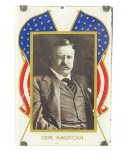 Pre WWI-era Reverse Painted Teddy Roosevelt Photo: United States, Early 19th Century. Glass framed with reverse paint high lighting the 26th President Theodore Roosevelt. Having a patriotic "100% American" title. Photo appears to be a post card that i