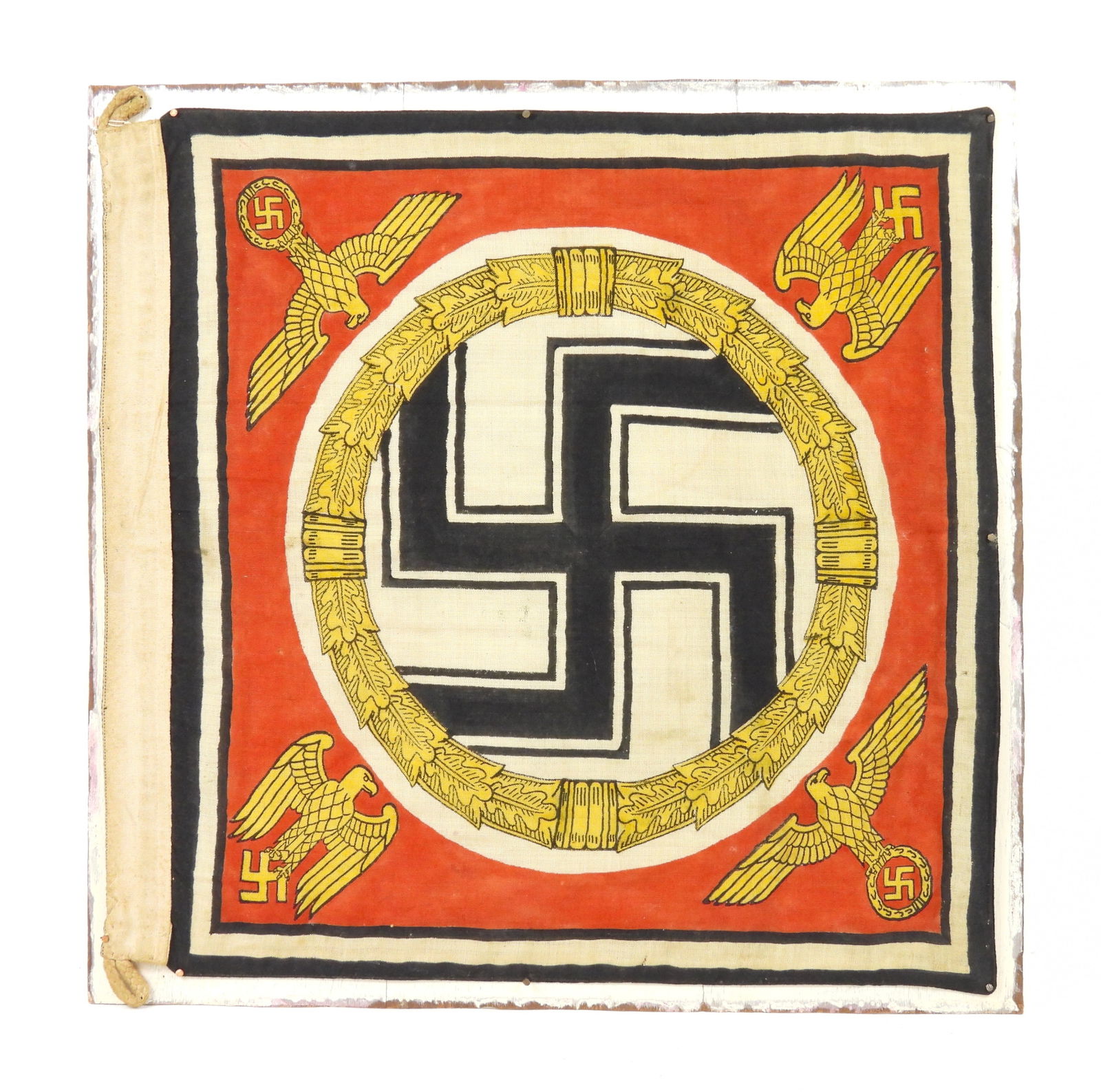 WWII Vet Bring Back German Fuhrer Standarte Flag: Germany. Printed wool Fuhrer standard with eagles and swastika's, a gold wreath and a central swastika, and a cotton hoist marked with an obscured marking, possibly a swastika over "M", and a note tha