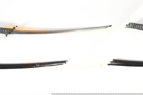 WWII Japanese Katana: Japan, Circa 1941. Tape-wrapped shagreen grip, marked tang (see images) to Koa Isshin Manetsu Saki Kore, copper habaki, steel blade, and a green-painted scabbard. Blade 27 1/4", Overall 37 1/4"