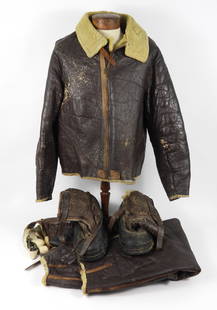 WWII USAAF Flight Mechanics Suit: United States, Circa 1940s. Type D-1 ground crew jacket with painted L/S Air Corps insignia, a pair of B-1 Army Air Forces pants, and a pair of A-6A U.S.A.A.F. boots. This suit belonged to Sergeant Do