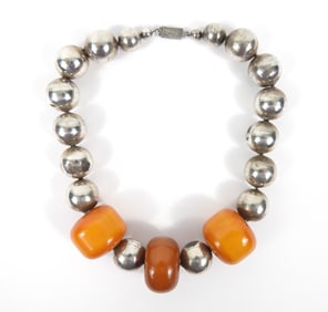 Sterling Silver & Moroccan Amber Beaded Necklace