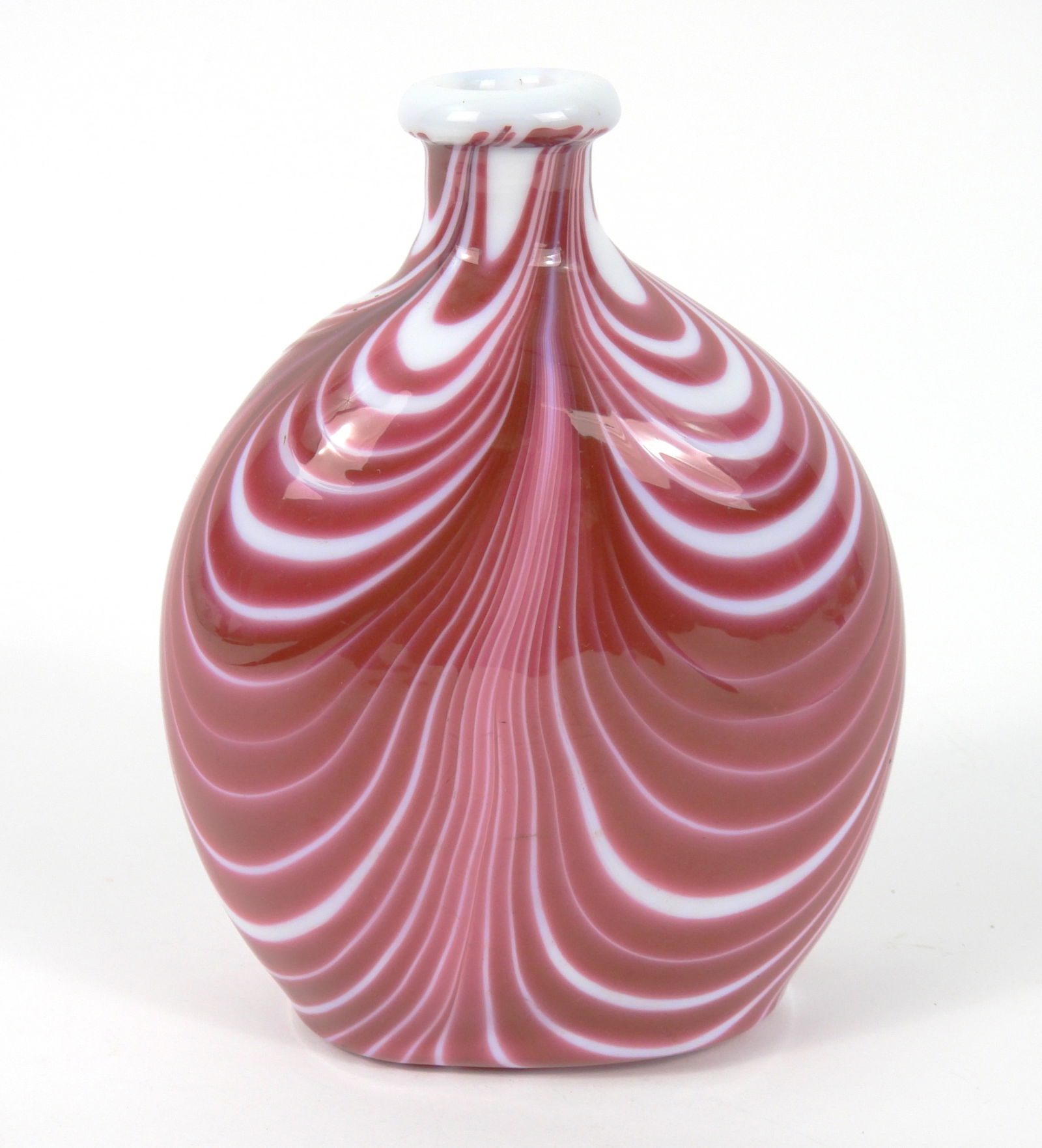19C Red & White Nailsea Glass Flask Bottle: England, 19th Century, Glass. Nailsea pattern flask comprised of vivid opaque red and white glass.