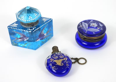 3PC Blue Czech Enameled Art Glass Vanity Items