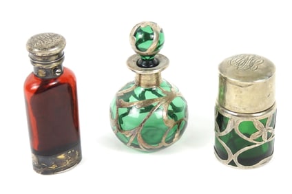3PC Silver Overlay Red & Green Perfume Bottles