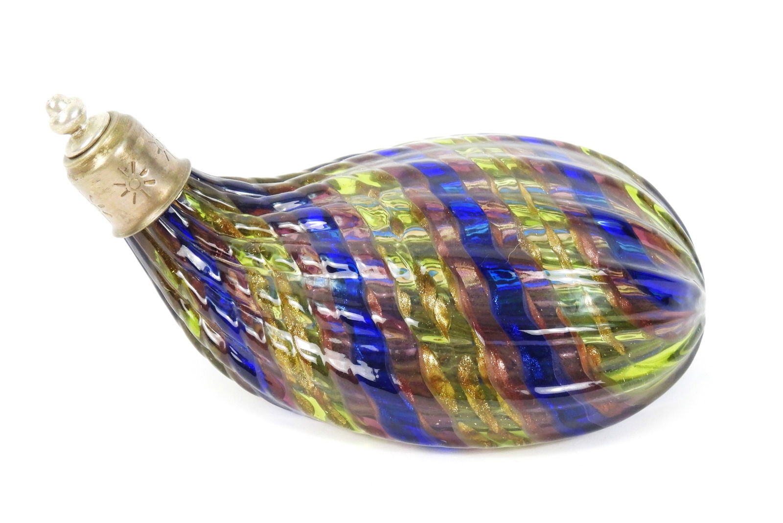 19C Italian Murano Glass Bottle Flask: Italy, 19th Century, Glass. Ribbed glass bottle flask with screw cap comprised of blue, pink, yellow, and gold banded stripes.
