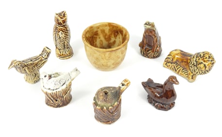 8PC Figural Whistles & Rockingham Pottery