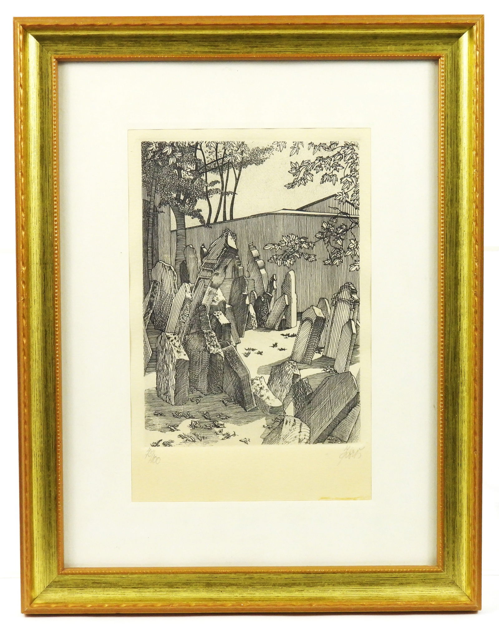 Modern Graveyard Landscape Etching: 20th Century, Etching on paper. Modern landscape depiction of gravestones in various states of wear surrounded by trees, numbered 75/100.