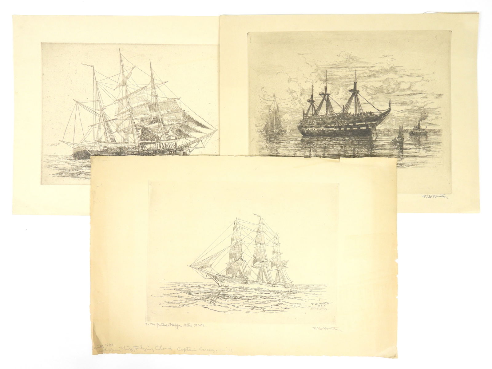 3PC Frederick Leo Hunter Ship Etchings: Frederick Leo Hunter, United States, 1858-1943, Etching on paper. Includes a depiction of the clipper ship Red Jacket with the inscription "To the greatest skipper alive, FLH", a depiction of a ship t