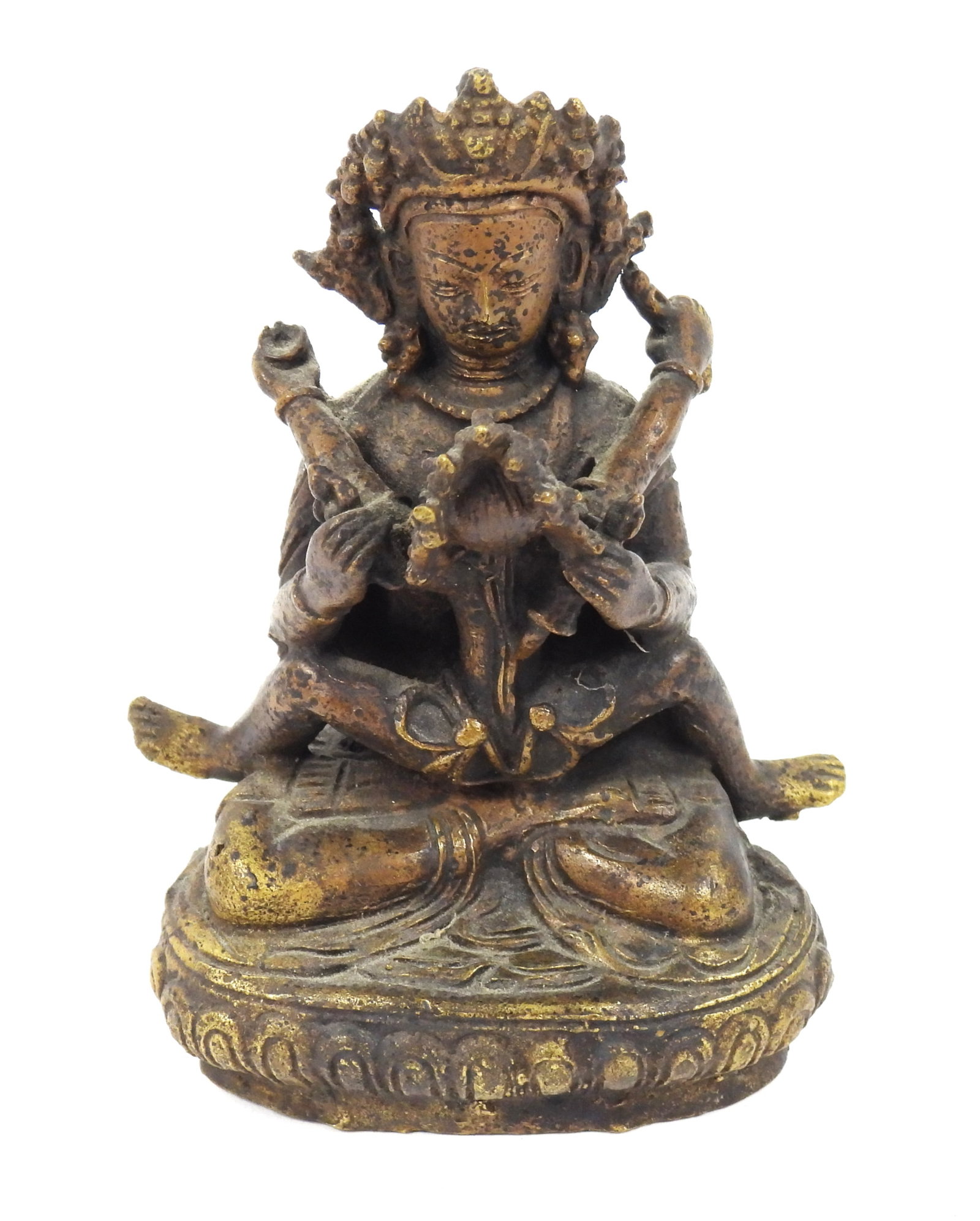 19C Bronze Buddha & Consort Sculpture: Tibet, 19th Century, Bronze. Depicts Buddha seated on a lotus base embracing a consort in the Yab-Yum position.
