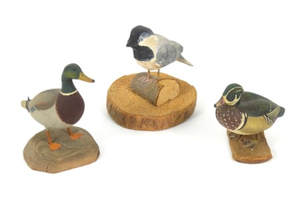 3PC Duck & Chickadee Carved Wood Sculptures