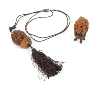 2PC Chinese Carved Walnut Sculpture & Pendant
