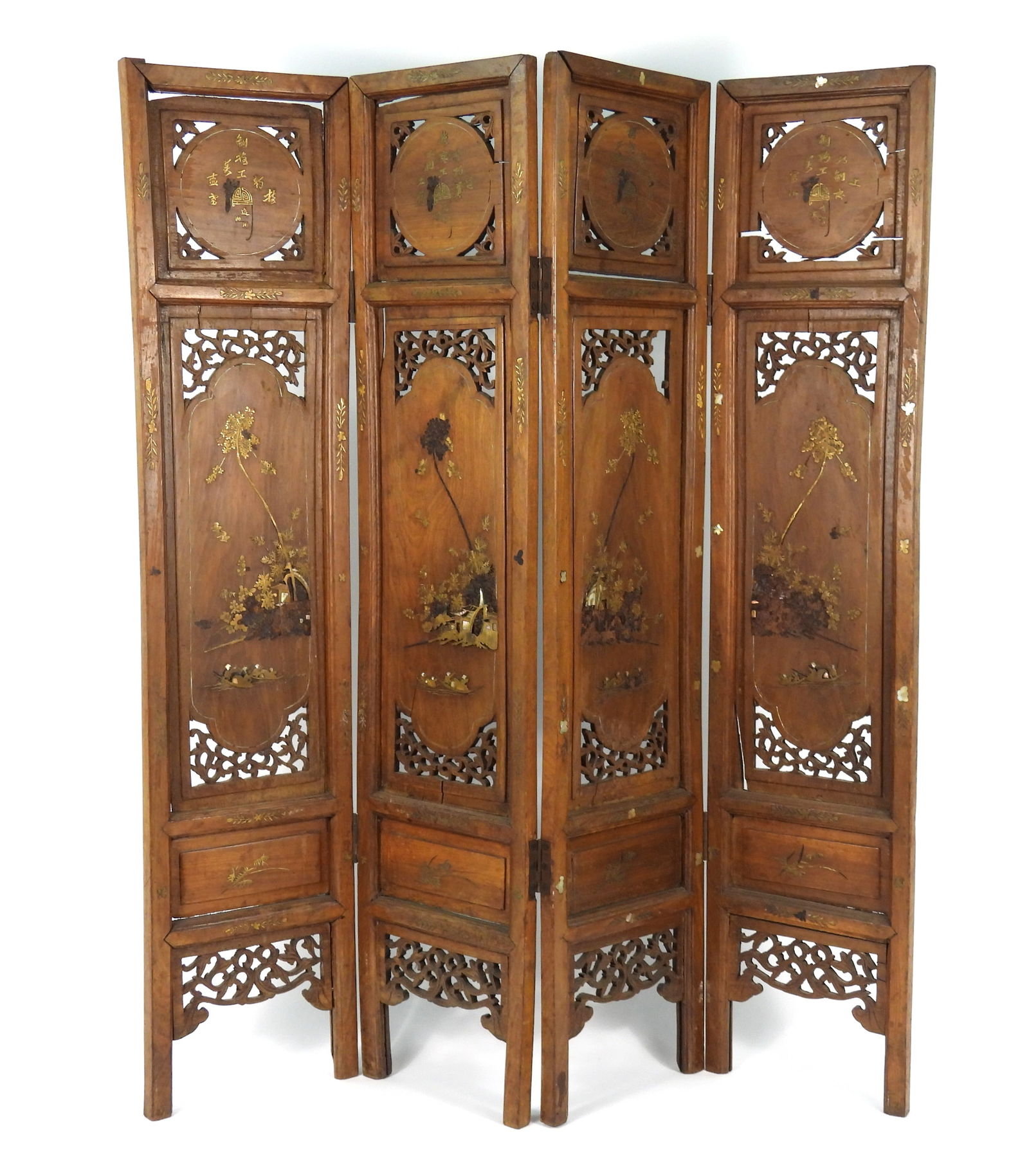 Chinese 4 Panel Inlaid Carved Wood Screen (1 of 12)