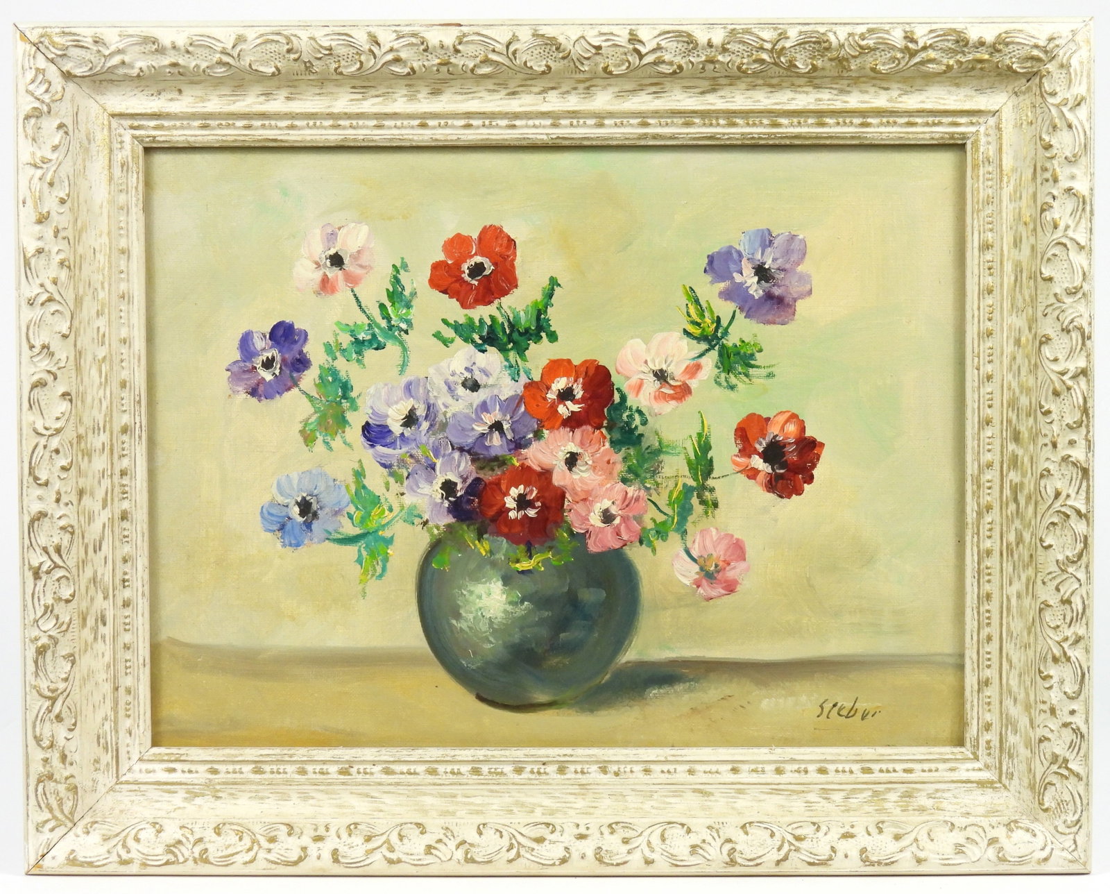 Anton Sieber Botanical Still Life Painting: Anton Sieber, Holland, b.1930, Oil on canvas. Botanical still life depicting red, purple, and pink poppies arranged in a squat blue vase.