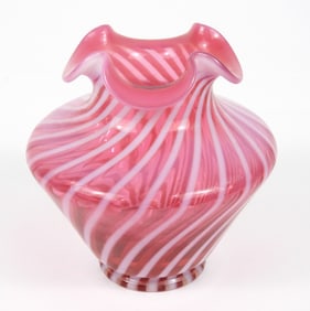Fenton Cranberry Opalescent Optic Swirl Glass Vase
