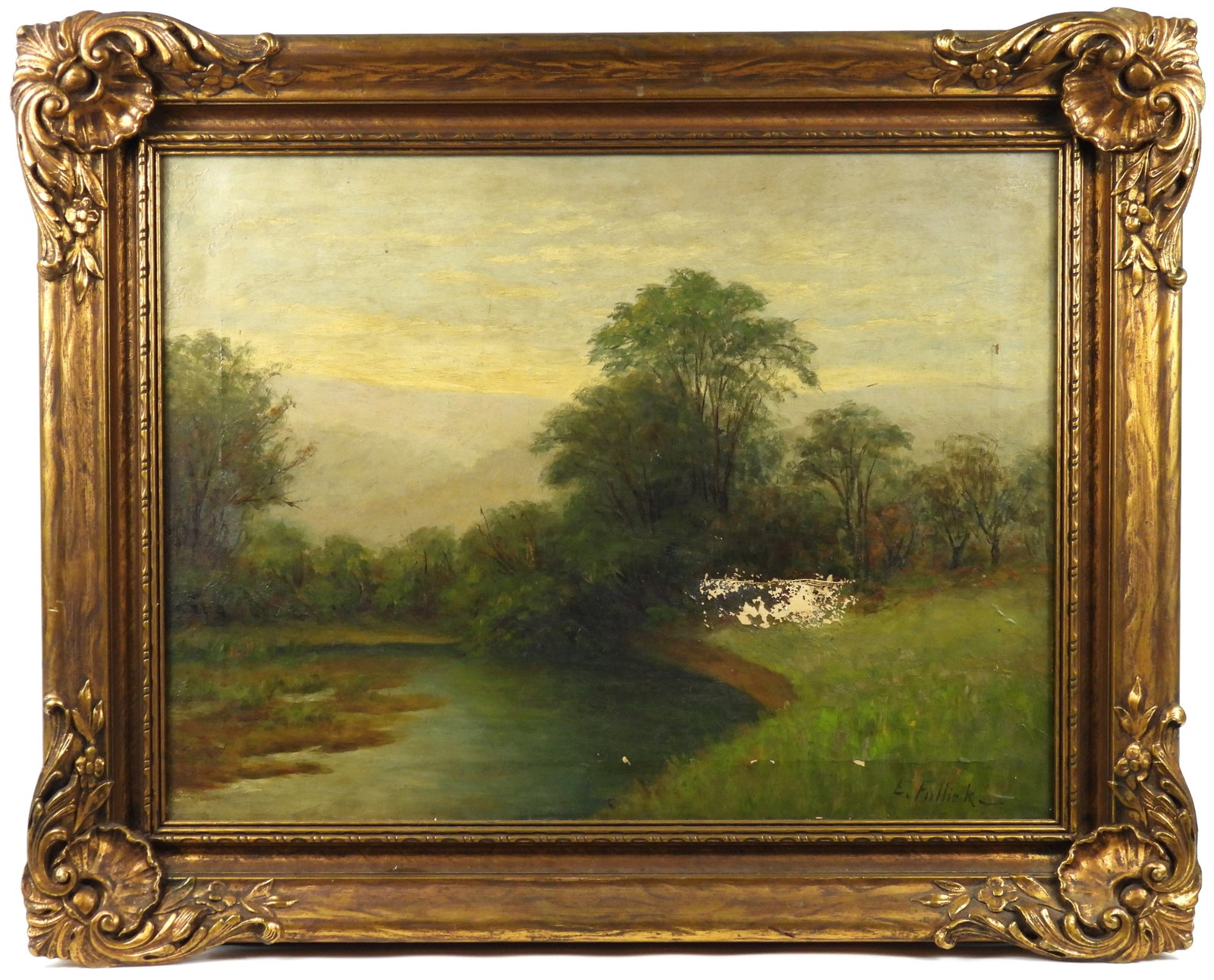 Elizabeth Fullick Pond Landscape Painting: Elizabeth Fullick, United States, England, 1846-1915, Oil on canvas. Impressionist depiction of a pond surrounded by lush green trees. Fullick studied at Vassar College, abroad in Dresden Munich, and 