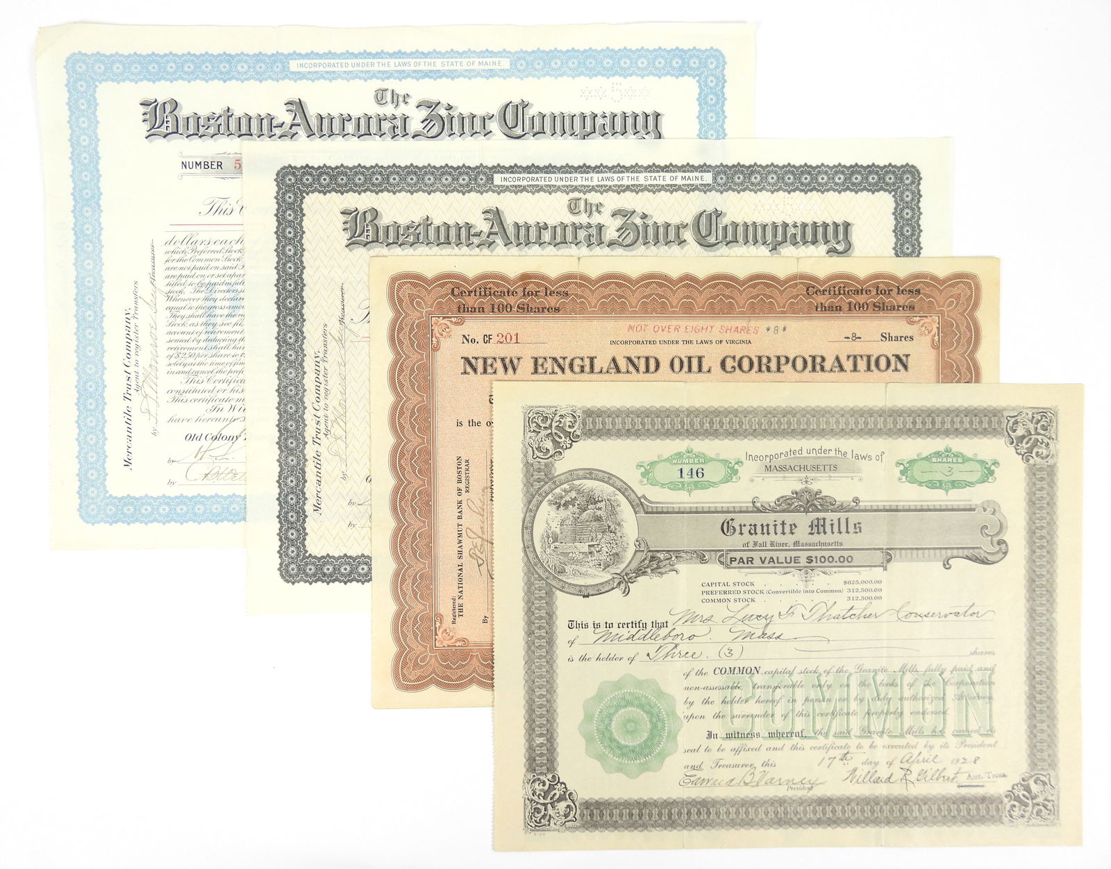 4PC Stock Certificate Shares: United States. Dating from 1899 to 1928 are 1 stock certificate for the Granite Mills of Fall River Massachusetts 1928. 1 New England Oil Corporation 8 shares from 1920. 2 Boston Aurora Zinc Company 5