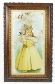 Victorian Girl & Bird Lithograph